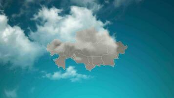 Kazachstan land kaart met zoom in realistisch wolken vlieg door. camera zoom in lucht effect Aan Kazachstan kaart. achtergrond geschikt voor zakelijke intro's, toerisme, presentaties. video