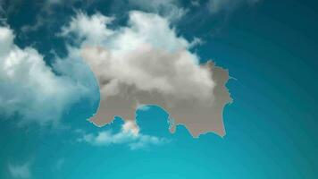 El mapa del país de Jersey con zoom en nubes realistas vuela a través. zoom de la cámara en el efecto del cielo en el mapa de jersey. fondo adecuado para introducciones corporativas, turismo, presentaciones. video