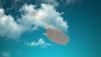 mapa del país de malta con zoom en nubes realistas que vuelan. zoom de la cámara en el efecto del cielo en el mapa de malta. fondo adecuado para introducciones corporativas, turismo, presentaciones. video