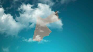 Mapa do país da Jordânia com zoom em nuvens realistas voam. zoom da câmera no efeito do céu no mapa da Jordânia. fundo adequado para introduções corporativas, turismo, apresentações. video