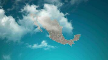 mapa do país do méxico com zoom em nuvens realistas voam. zoom da câmera no efeito do céu no mapa do méxico. fundo adequado para introduções corporativas, turismo, apresentações. video