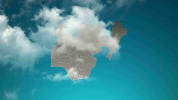 nigeria-landkarte mit zoom in realistischen wolken fliegen durch. Kamera zoomt in den Himmelseffekt auf der Nigeria-Karte. hintergrund geeignet für unternehmenseinführungen, tourismus, präsentationen. video