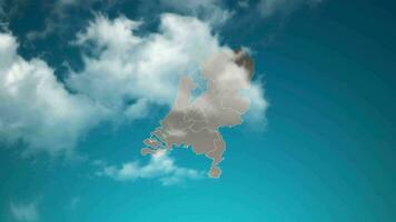 netherlands country map with zoom in Realistic Clouds Fly Through. camera zoom in sky effect on netherlands map. Background Suitable for Corporate Intros, Tourism, Presentations. video