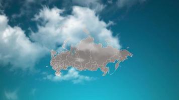russia country map with zoom in Realistic Clouds Fly Through. camera zoom in sky effect on russia map. Background Suitable for Corporate Intros, Tourism, Presentations.