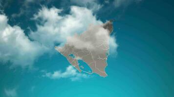 nicaragua country map with zoom in Realistic Clouds Fly Through. camera zoom in sky effect on nicaragua map. Background Suitable for Corporate Intros, Tourism, Presentations. video