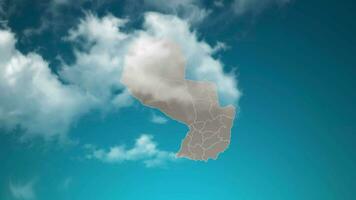 mapa do país do paraguai com zoom em nuvens realistas voam. zoom da câmera no efeito do céu no mapa do paraguai. fundo adequado para introduções corporativas, turismo, apresentações. video