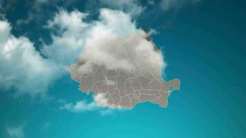 romania country map with zoom in Realistic Clouds Fly Through. camera zoom in sky effect on romania map. Background Suitable for Corporate Intros, Tourism, Presentations. video