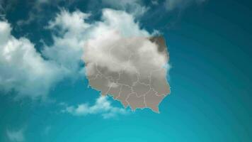 mapa del país de polonia con zoom en nubes realistas que vuelan. zoom de la cámara en el efecto del cielo en el mapa de polonia. fondo adecuado para introducciones corporativas, turismo, presentaciones. video