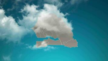 mapa del país de senegal con zoom en nubes realistas que vuelan. zoom de la cámara en el efecto del cielo en el mapa de senegal. fondo adecuado para introducciones corporativas, turismo, presentaciones. video