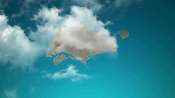 carte du pays de singapour avec zoom avant des nuages réalistes traversent. effet de zoom de la caméra dans le ciel sur la carte de singapour. fond adapté aux introductions d'entreprise, au tourisme, aux présentations. video