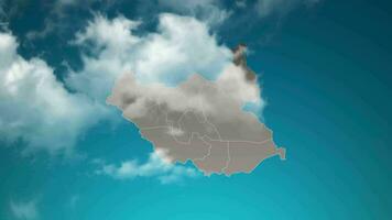 south Sudan country map with zoom in Realistic Clouds Fly Through. camera zoom in sky effect on south Sudan map. Background Suitable for Corporate Intros, Tourism, Presentations. video