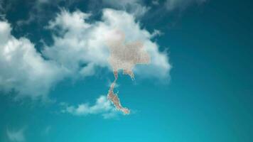 El mapa del país de Tailandia con zoom en nubes realistas vuela a través. zoom de la cámara en el efecto del cielo en el mapa de tailandia. fondo adecuado para introducciones corporativas, turismo, presentaciones. video