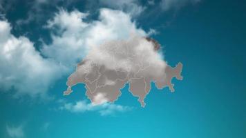 switzerland country map with zoom in Realistic Clouds Fly Through. camera zoom in sky effect on switzerland map. Background Suitable for Corporate Intros, Tourism, Presentations.