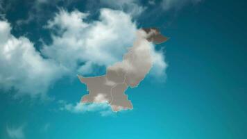 el mapa del país de pakistán con zoom en nubes realistas vuela a través. zoom de la cámara en el efecto del cielo en el mapa de pakistán. fondo adecuado para introducciones corporativas, turismo, presentaciones. video