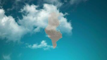 tunisia country map with zoom in Realistic Clouds Fly Through. camera zoom in sky effect on tunisia map. Background Suitable for Corporate Intros, Tourism, Presentations. video