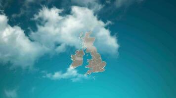 united Kingdom country map with zoom in Realistic Clouds Fly Through. camera zoom in sky effect on england map. Background Suitable for Corporate Intros, Tourism, Presentations. video