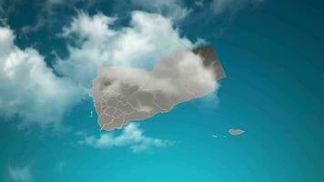 el mapa del país de yemen con zoom en nubes realistas vuela a través. zoom de la cámara en el efecto del cielo en el mapa de yemen. fondo adecuado para introducciones corporativas, turismo, presentaciones. video