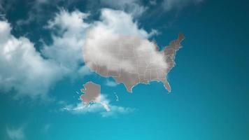 United State of america country map with zoom in Realistic Clouds Fly Through. camera zoom in sky effect on USA map. Background Suitable for Corporate Intros, Tourism, Presentations.