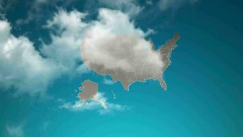 mapa de país de estados unidos de américa con zoom en nubes realistas que vuelan. zoom de la cámara en el efecto del cielo en el mapa de estados unidos. fondo adecuado para introducciones corporativas, turismo, presentaciones. video