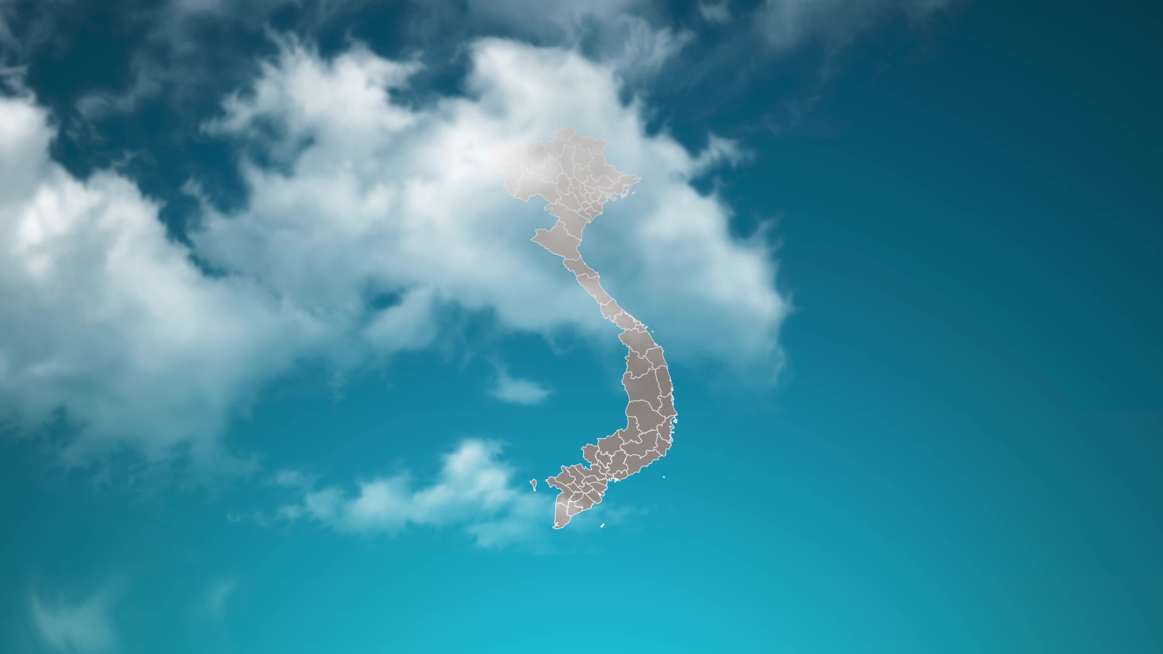 mapa del país de vietnam con zoom en nubes realistas que vuelan. zoom