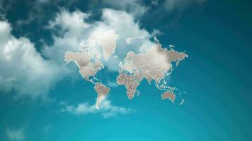 mapa de países del mundo con zoom en nubes realistas que vuelan. zoom de la cámara en el efecto del cielo en el mapa mundial. fondo adecuado para introducciones corporativas, turismo, presentaciones. video