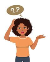 young African woman feeling confused scratching her head having no idea, clueless, do not know, puzzled and doubt about the questions raising her hand vector