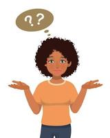 young African woman feeling confused, doubt and clueless showing I have no idea gesture, shrugging shoulders and raising hands with puzzled facial expression vector