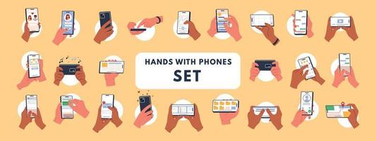set of hands holding phone. Scrolling smartphone, app mail, application photo. cellphone camera. Flat vector illustration