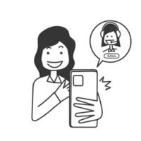 dibujado a mano doodle llamar atención al cliente en vector de ilustración de teléfono móvil