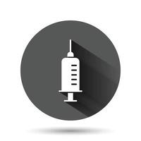 Syringe icon in flat style. Inject needle vector illustration on black round background with long shadow effect. Drug dose circle button business concept.