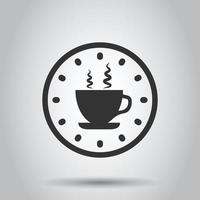 Coffee break icon in flat style. Clock with tea cup vector illustration on white isolated background. Breakfast time business concept.