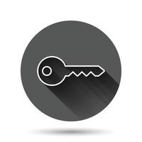 Key icon in flat style. Password vector illustration on black round background with long shadow effect. Access circle button business concept.