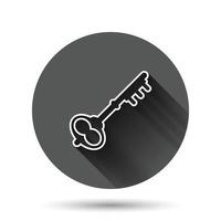 Key icon in flat style. Password vector illustration on black round background with long shadow effect. Access circle button business concept.