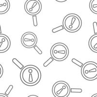 Risk analysis icon in flat style. Exclamation magnifier vector illustration on white isolated background. Attention seamless pattern business concept.