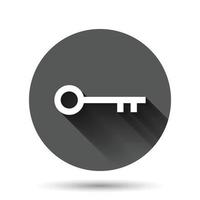 Key icon in flat style. Password vector illustration on black round background with long shadow effect. Access circle button business concept.