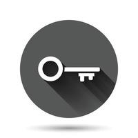 Key icon in flat style. Password vector illustration on black round background with long shadow effect. Access circle button business concept.