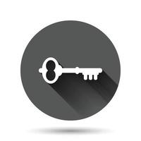 Key icon in flat style. Password vector illustration on black round background with long shadow effect. Access circle button business concept.