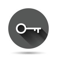 Key icon in flat style. Password vector illustration on black round background with long shadow effect. Access circle button business concept.