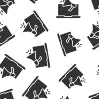 Laptop with megaphone speaker icon in flat style. Notebook bullhorn vector illustration on white isolated background. Computer subscribe seamless pattern business concept.