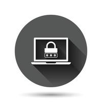 Laptop with password icon in flat style. Computer access vector illustration on black round background with long shadow effect. Padlock entry circle button business concept.