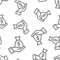 Remuneration icon in flat style. Money in hand vector illustration on white isolated background. Banknote payroll seamless pattern business concept.