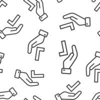 People hand with check mark icon in flat style. Accept vector illustration on white isolated background. Approval choice seamless pattern business concept.