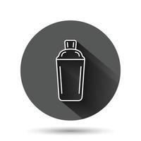 Shaker cocktail icon in flat style. Alcohol bottle vector illustration on black round background with long shadow effect. Bar drink circle button business concept.