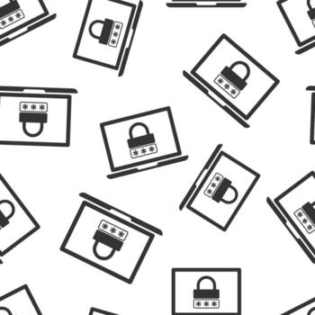 Laptop with password icon in flat style. Computer access vector illustration on white isolated background. Padlock entry seamless pattern business concept.