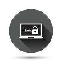 Laptop with password icon in flat style. Computer access vector illustration on black round background with long shadow effect. Padlock entry circle button business concept.