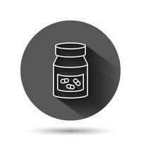 Pill bottle icon in flat style. Drugs vector illustration on black round background with long shadow effect. Pharmacy circle button business concept.