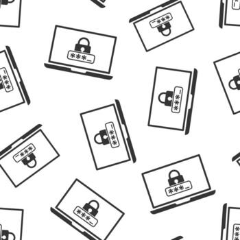 Laptop with password icon in flat style. Computer access vector illustration on white isolated background. Padlock entry seamless pattern business concept.