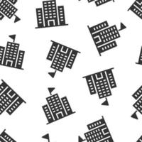 Building icon in flat style. Town skyscraper apartment vector illustration on white isolated background. City tower seamless pattern business concept.