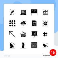 Set of 16 Vector Solid Glyphs on Grid for security passkey interior code bank building Editable Vector Design Elements