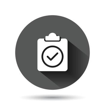 Document checkbox icon in flat style. Test vector illustration on black round background with long shadow effect. Contract circle button business concept.
